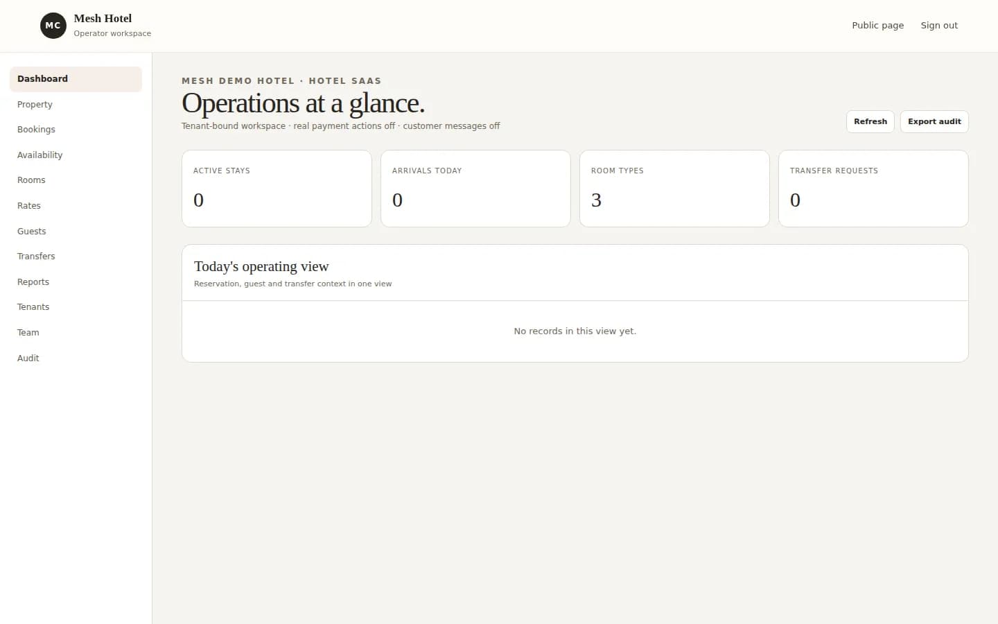 Hotel Operating System protected product workspace showing reservation, room inventory and operations navigation without customer data