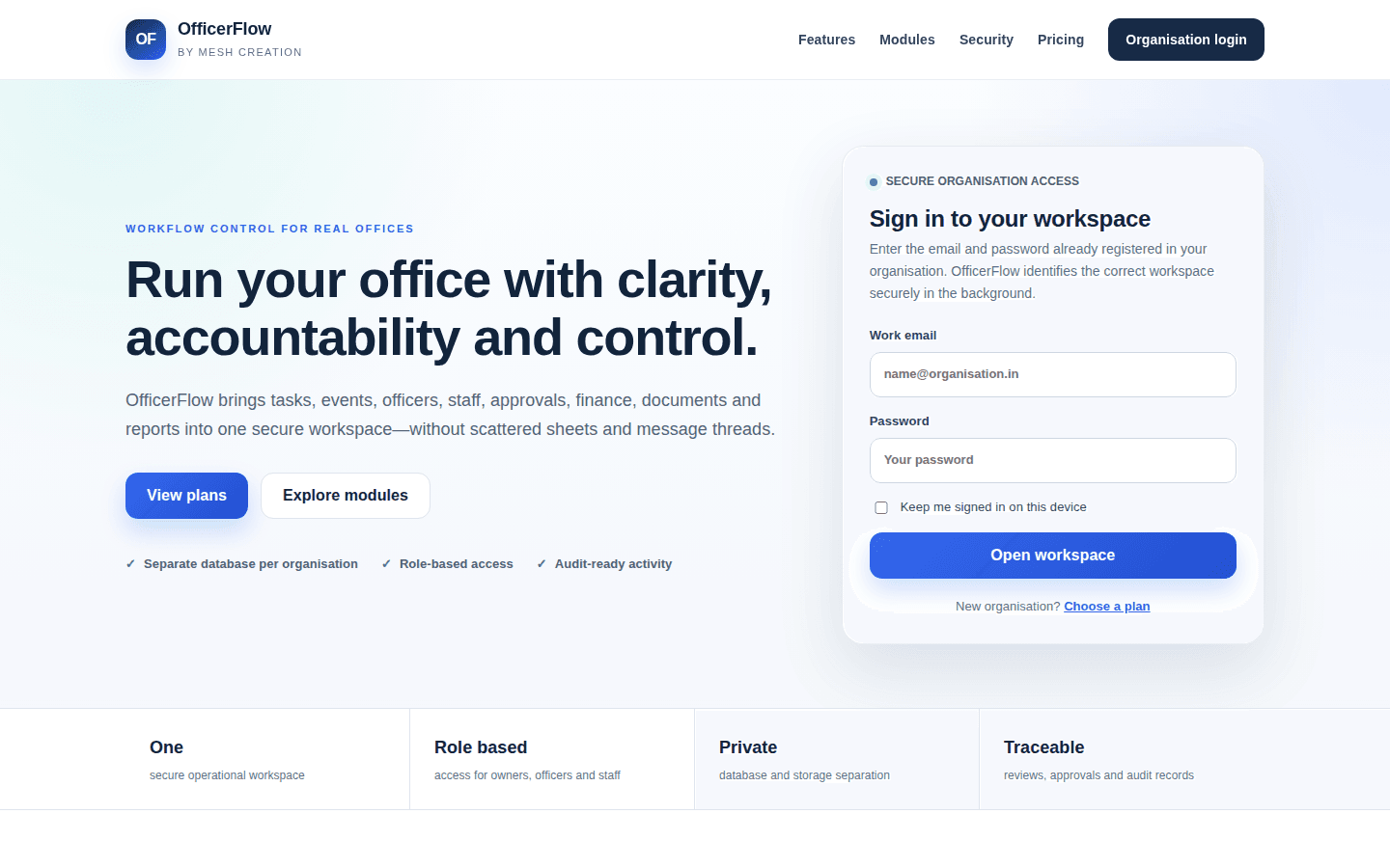 OfficerFlow public homepage with its workflow-control message and secure organisation access panel