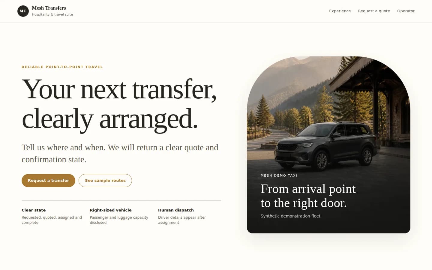 Taxi and Transfer Operating System public quote experience showing route, trip type, travel date and vehicle choice