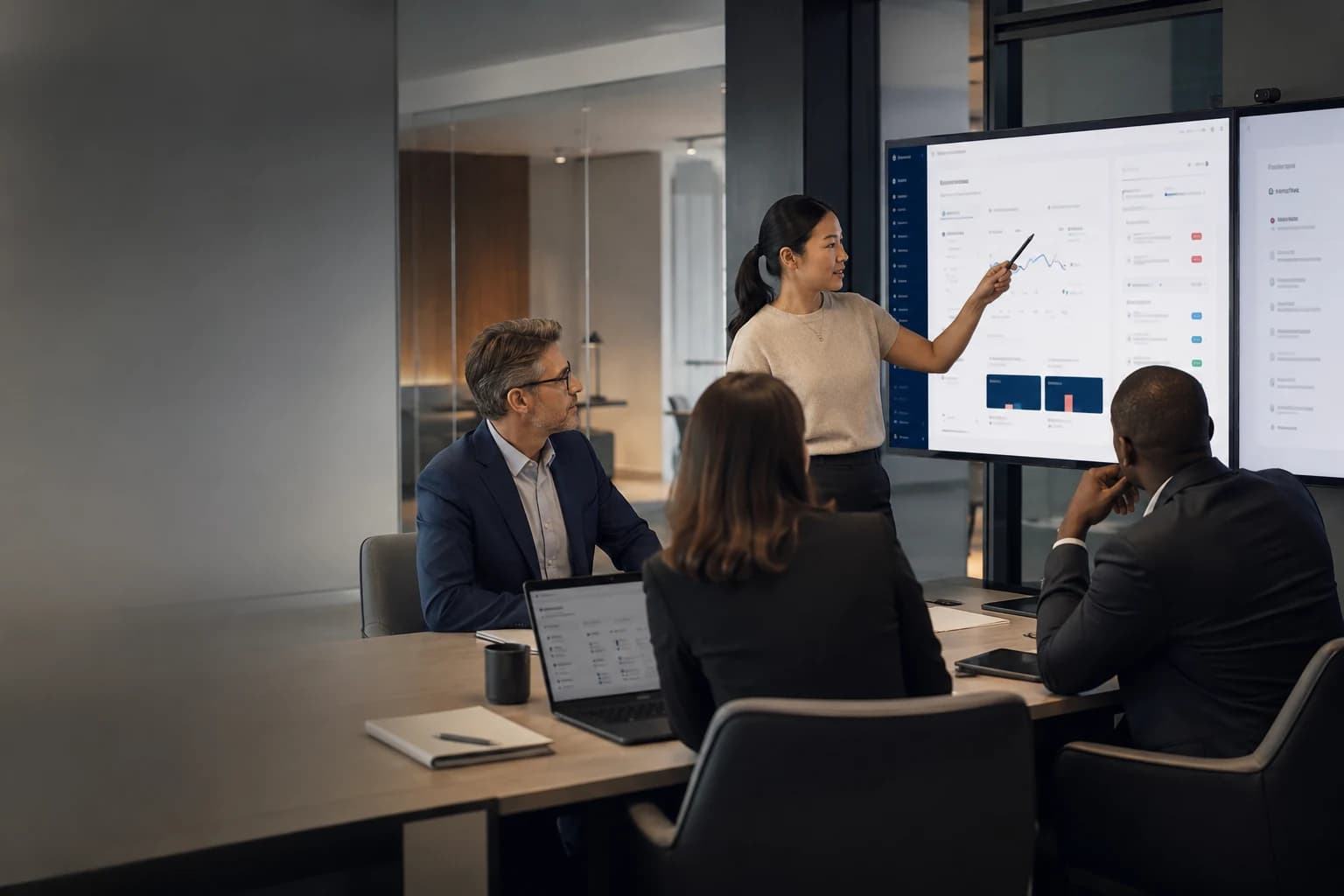 Business team reviewing a digital platform and operating workflow