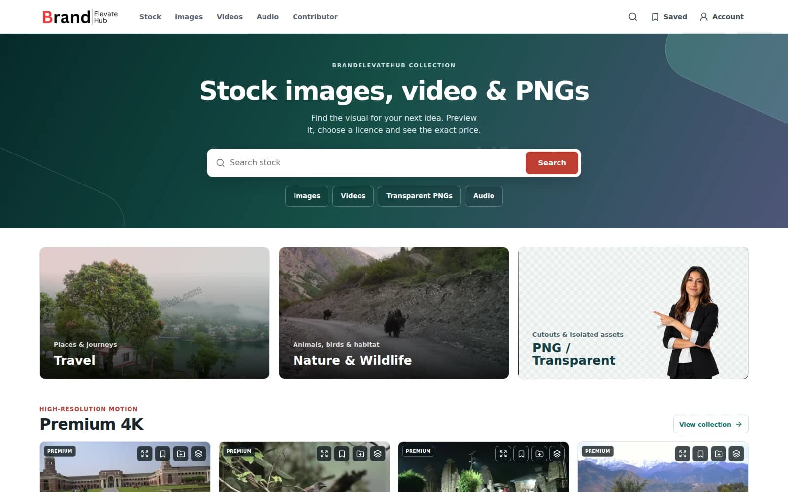 BrandElevateHub.com homepage showing its logo, search and stock-media collections