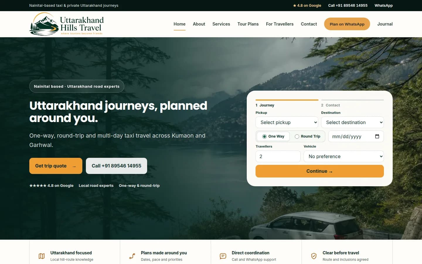 Current Uttarakhand Hills Travel homepage showing a Himalayan road journey and route-based taxi quote form