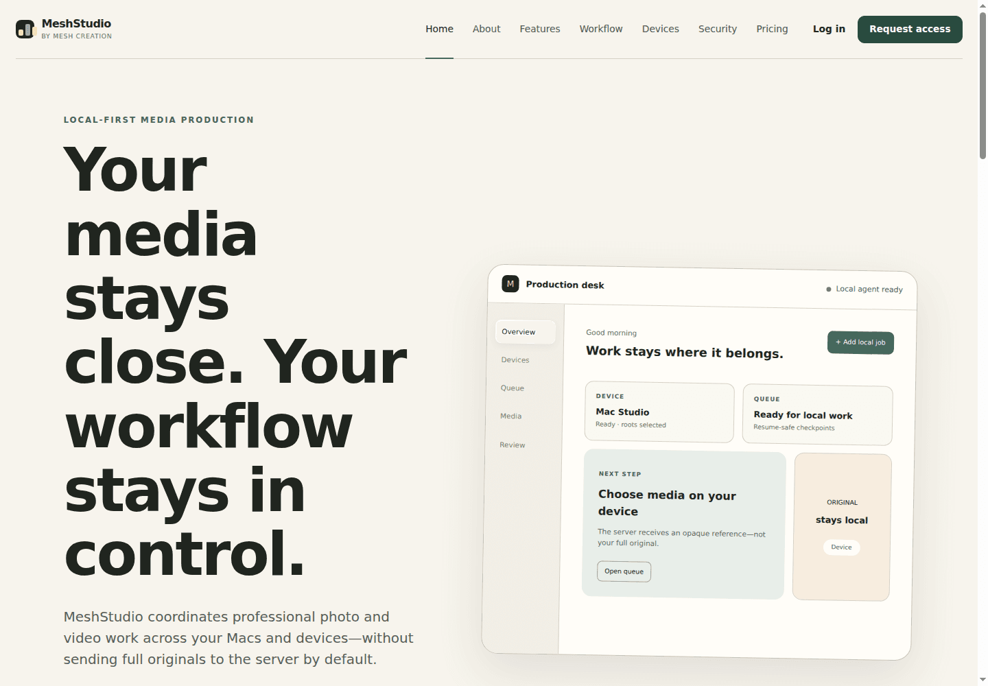 MeshStudio public homepage explaining its local-first media production workflow