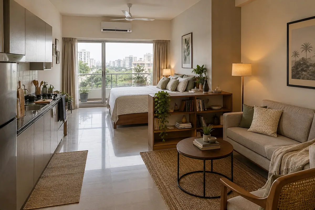 A compact furnished studio with bed, seating and kitchenette