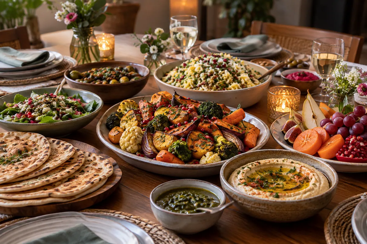 A family-style table of vegetables, rice and sharing dishes