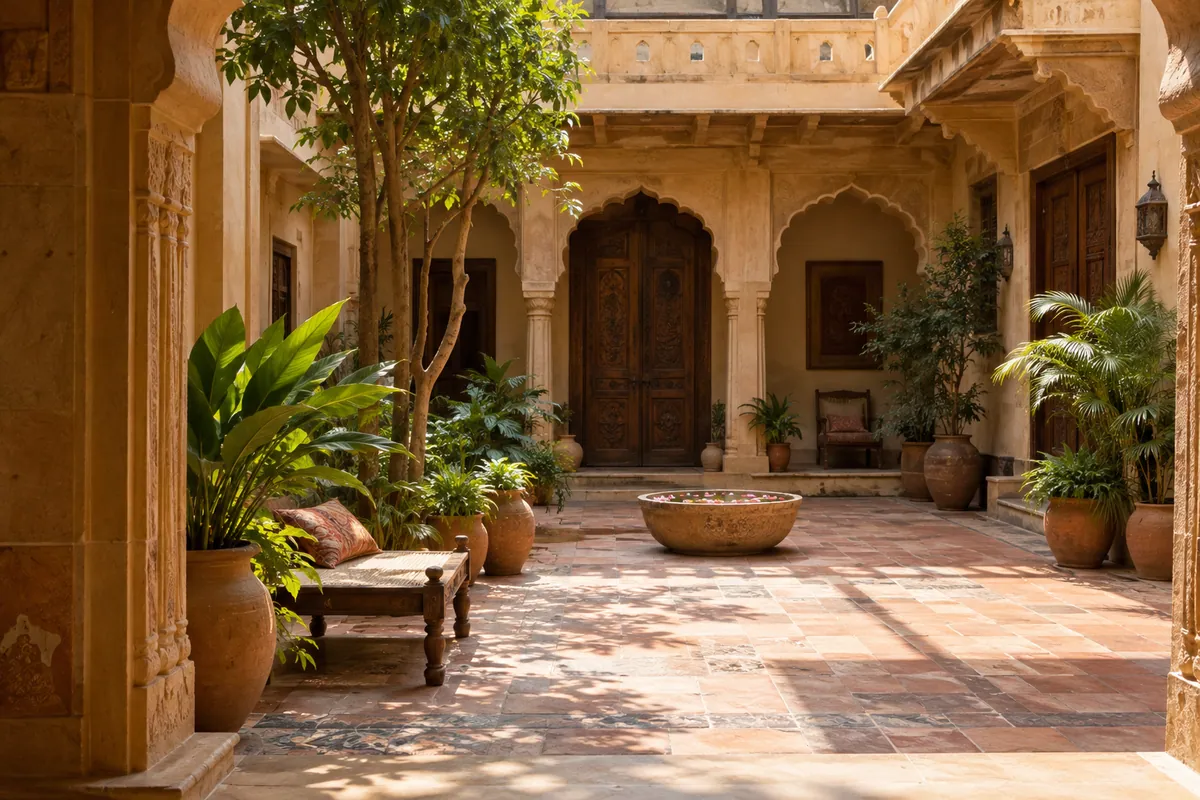 A sandstone heritage courtyard in warm morning light