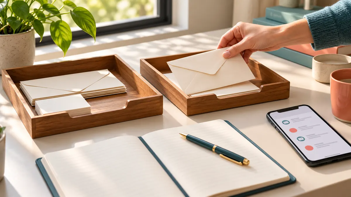 A hand moving an envelope between desk trays beside a planner and phone.