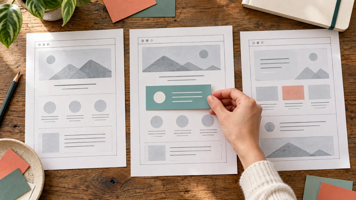 A hand adjusting one content block on printed website layout sketches.
