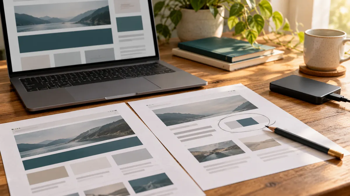 Laptop, printed website layouts, pencil and portable backup drive on a desk.