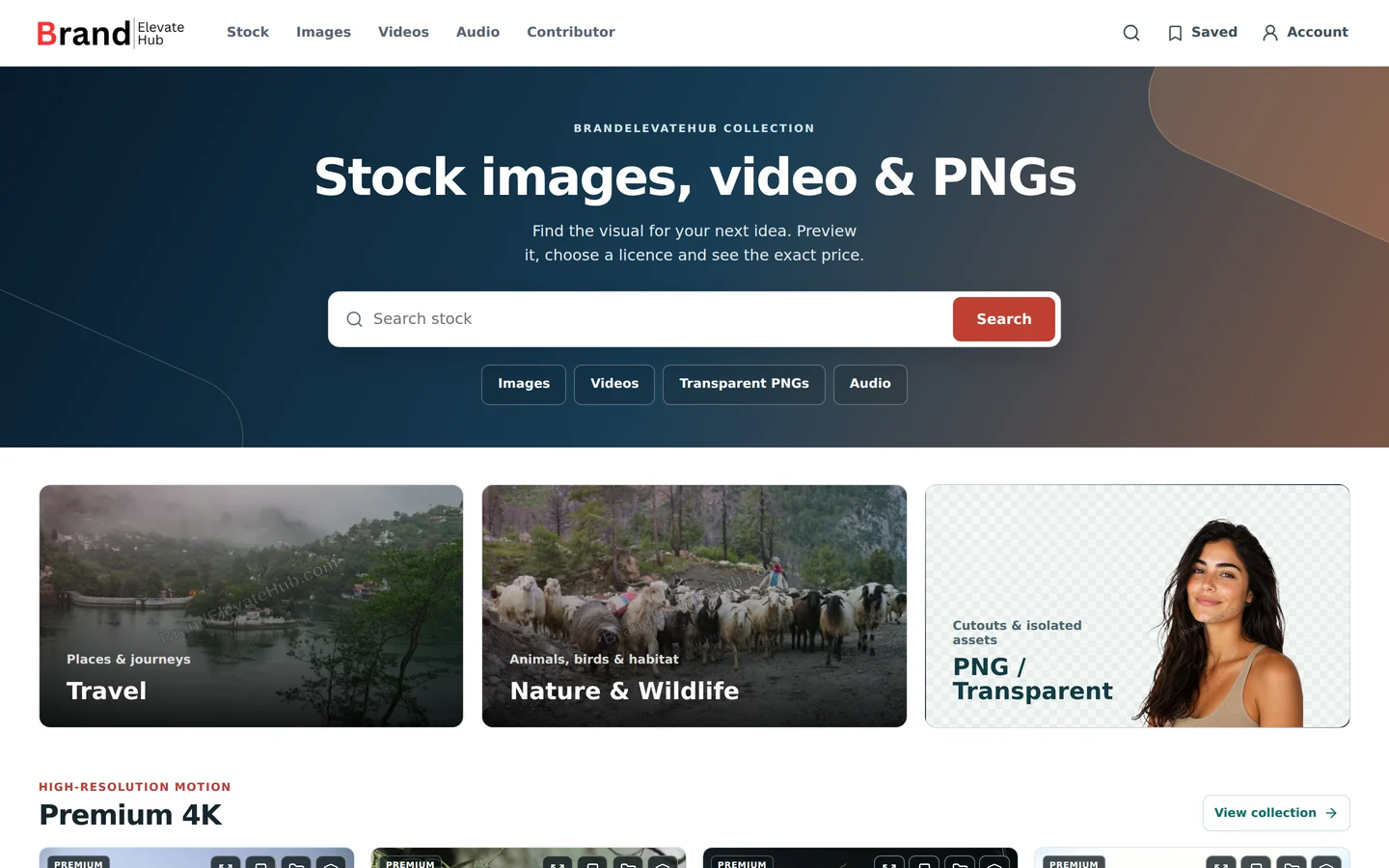 Public BrandElevateHub marketplace showing stock-media search, previews and collections