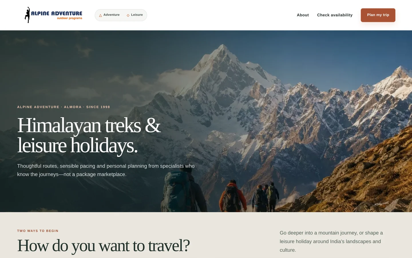 Public TrekNTours homepage showing Alpine Adventure branding, Himalayan trips and clear enquiry navigation