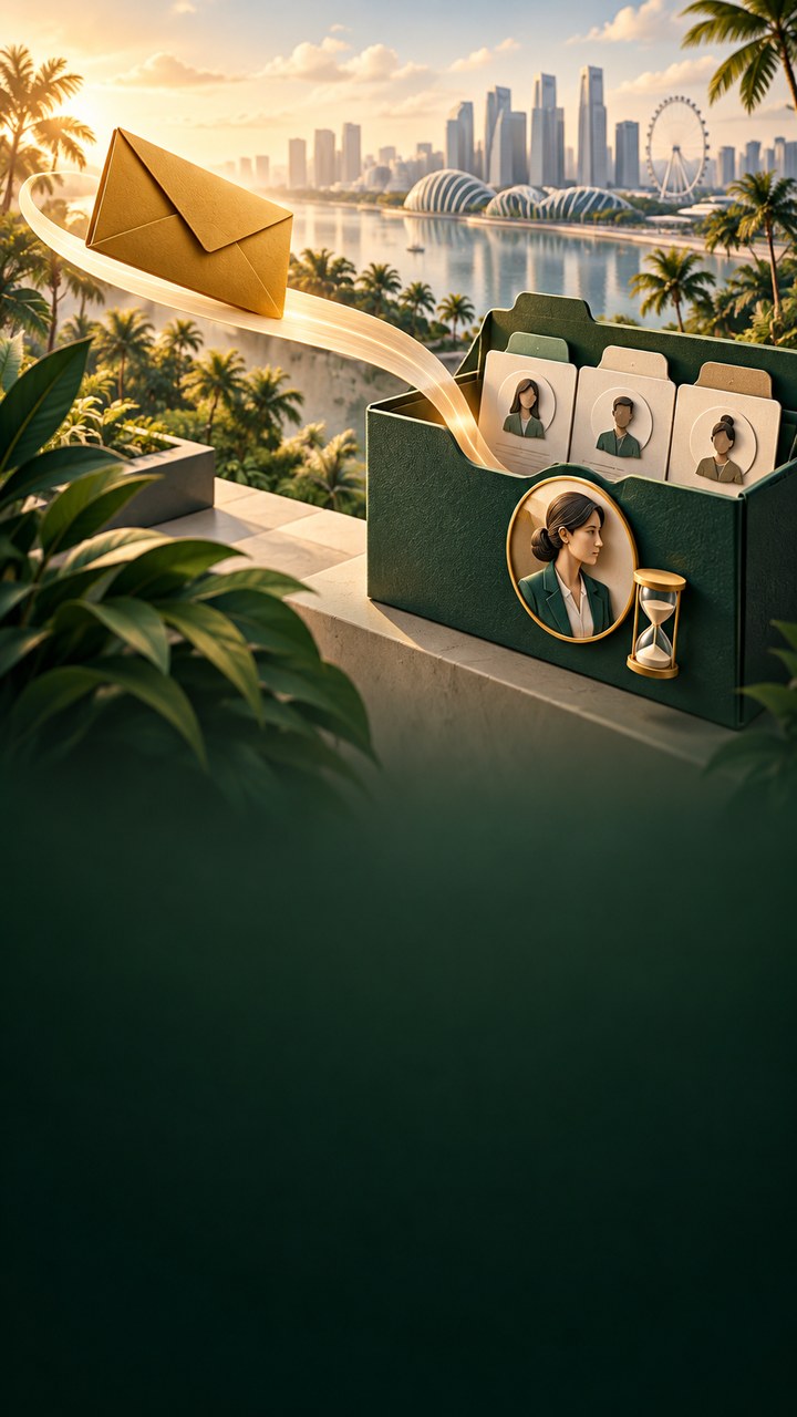 AI illustration of a Singapore enquiry desk and connected customer records
