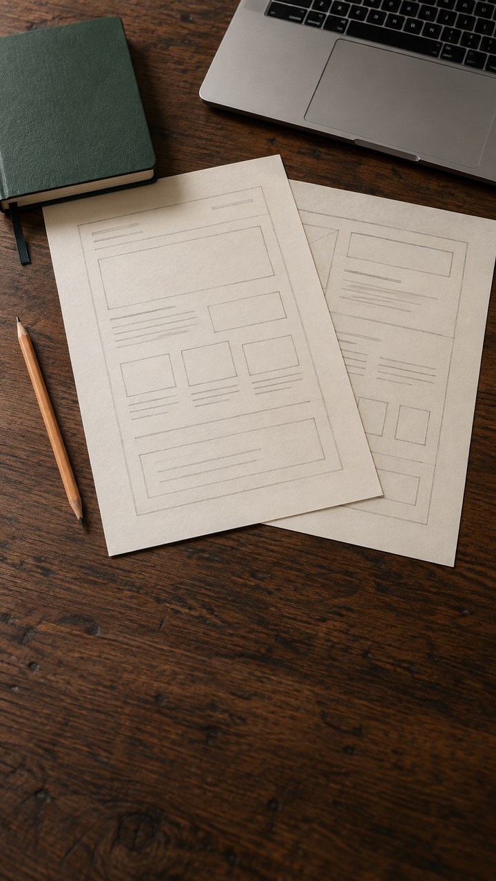 AI-generated photograph of pencil-drawn webpage wireframes, a notebook and laptop on a wooden desk.