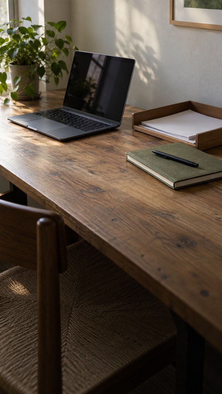 AI-generated photograph of a wooden desk with a laptop, paper inbox and green notebook.