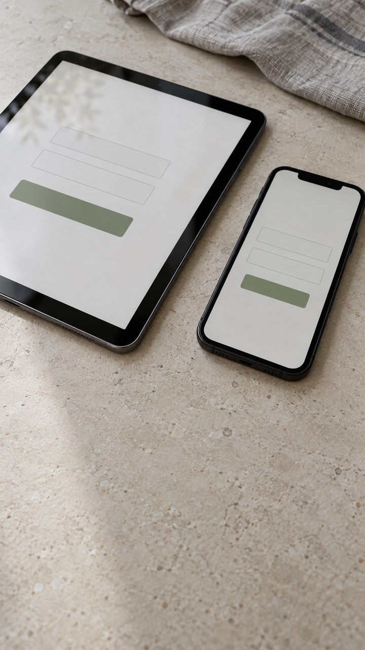 AI-generated photograph of a phone and tablet displaying simple blank form fields on a stone desk.