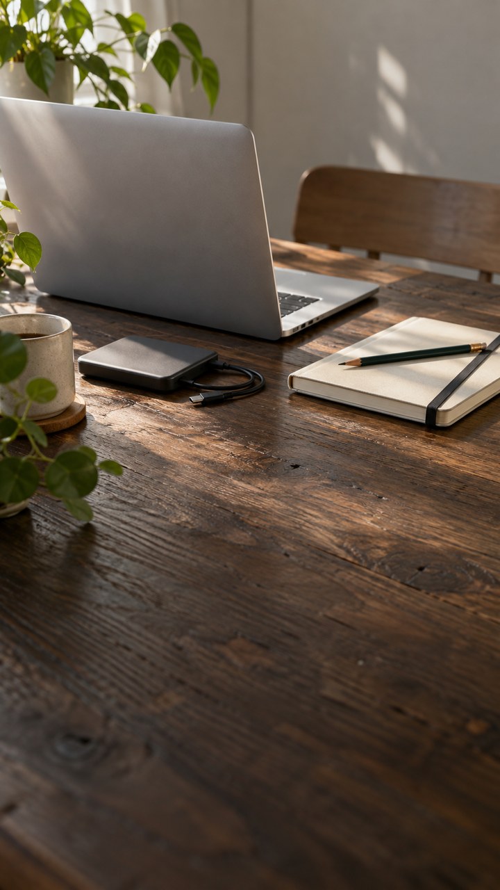 AI-generated photograph of a laptop, portable drive and notebook on a wooden studio table.