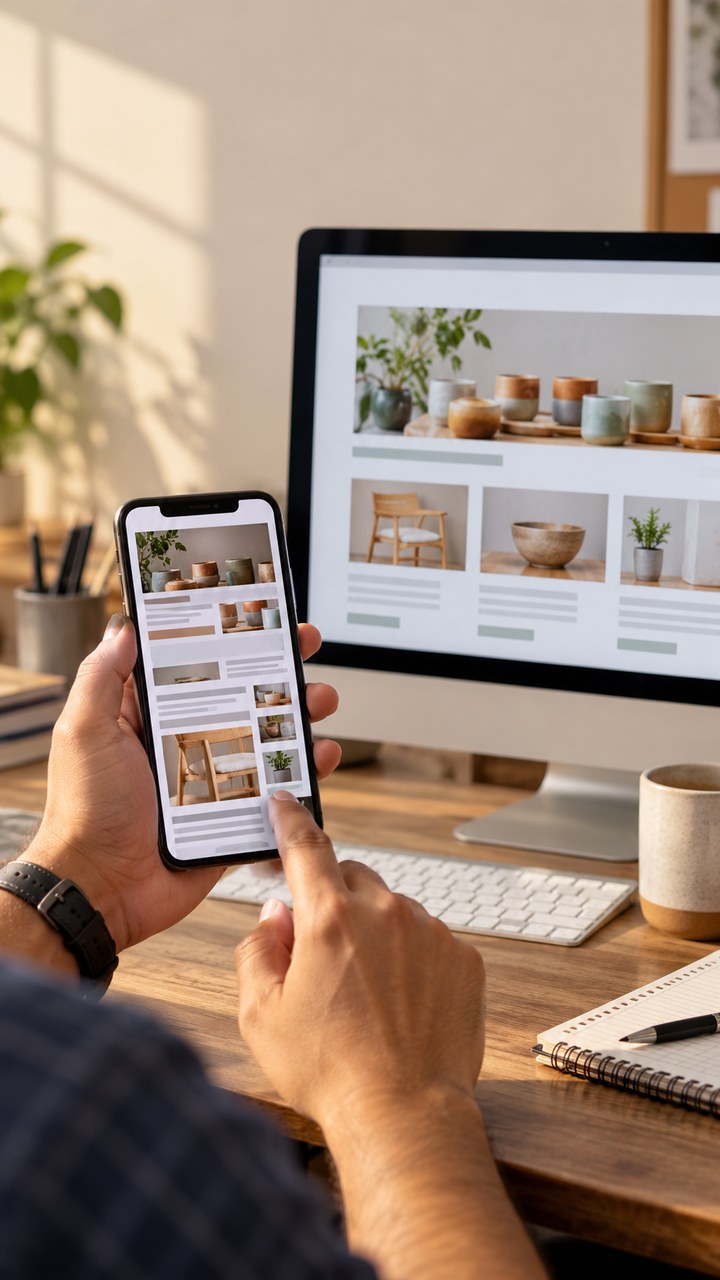 मोबाइल और desktop पर website layout की जाँच दिखाती AI artwork।