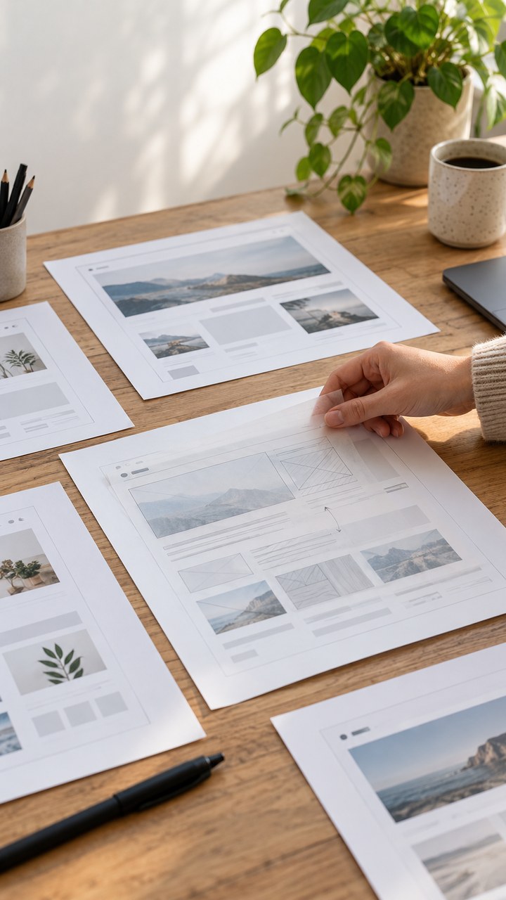 AI artwork of a designer reviewing one page in a set of restrained website wireframes.