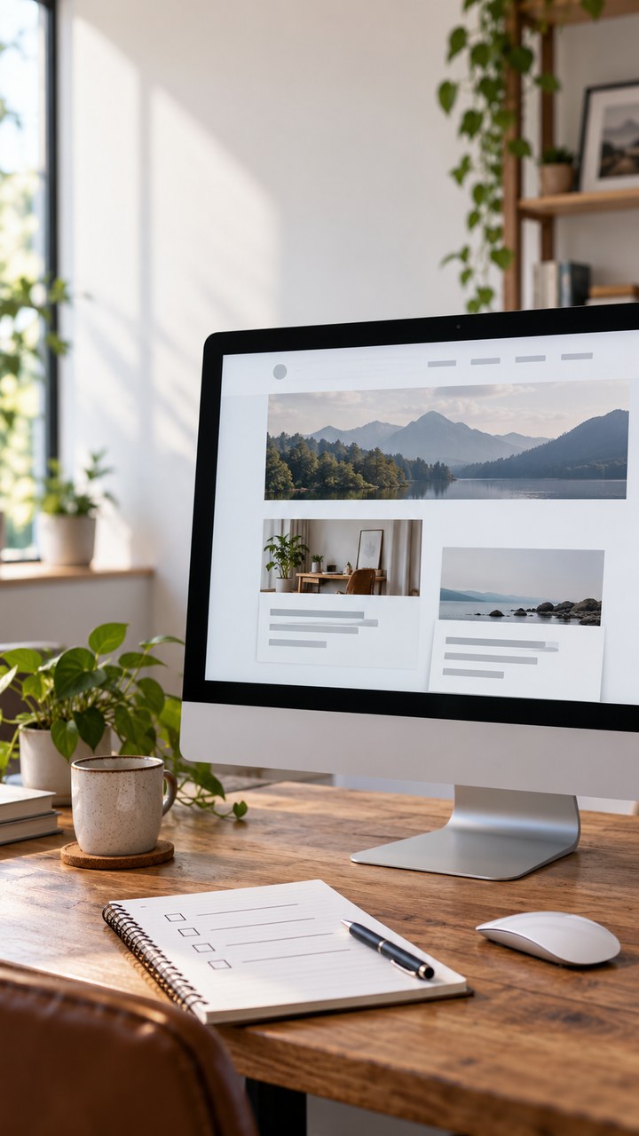 AI artwork of a website layout review on a monitor beside a written checklist.